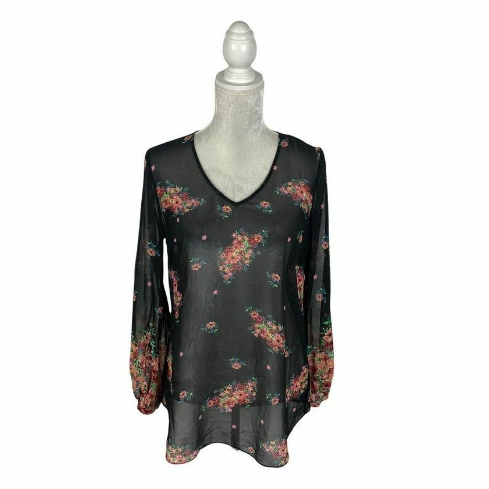 CAbi #3594 Blooming Blouse Floral Top Semisheer Long Sleeve Button Cuff S‎